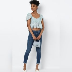 American Eagle Blue Ruffle Sleeve Baby Doll Blouse Crop Top Medium